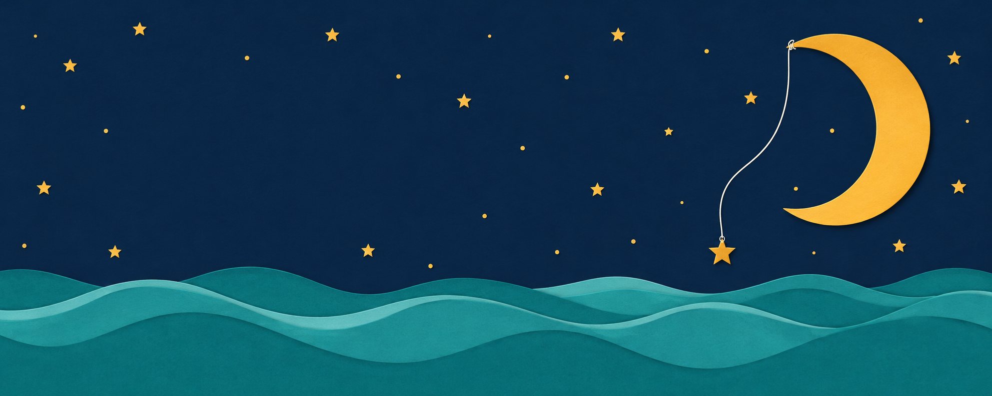 Illustration d’un croissant de lune qui pêche une étoile avec un fil, au-dessus de vagues vert profond